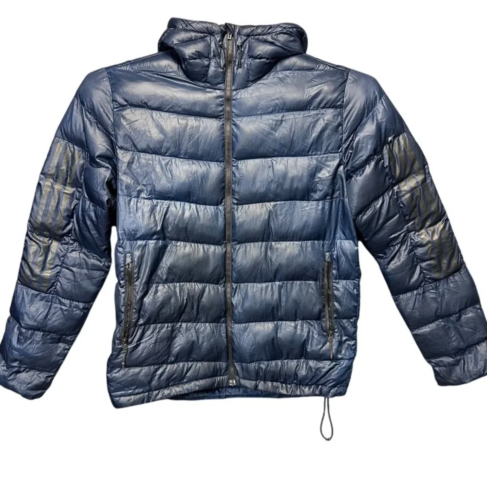 Adidas Mens Puffer Jacket Navy Blue Quilted Hooded Full Zip Three Stripe Size M